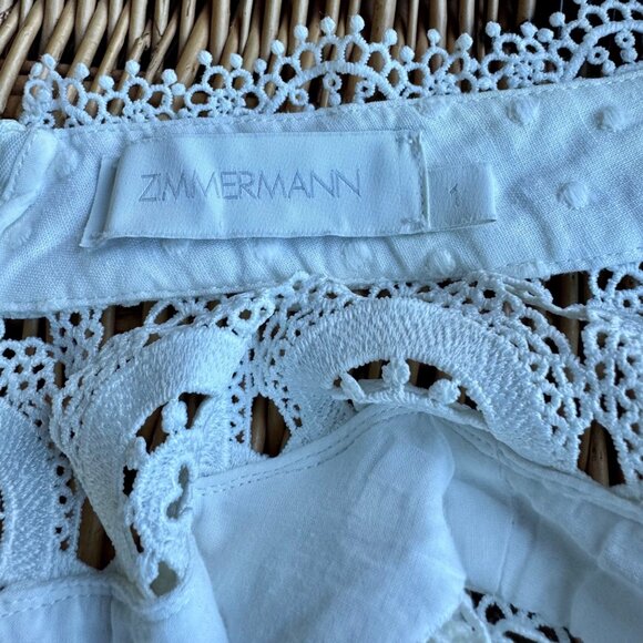 ZIMMERMANN Peggy Embroidered Trim Short Dress Womens 6 White Linen Blend Lace - Picture 8 of 13
